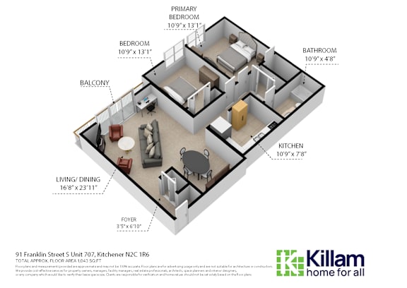 A floor plan of a home with a living room, dining room, kitchen, and three bedrooms.