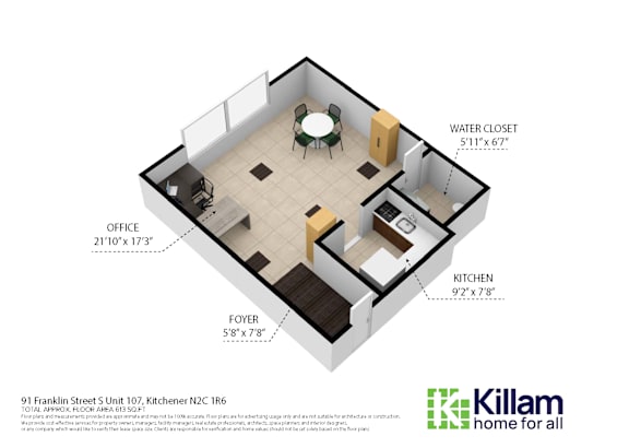 A floor plan of a home with a kitchen, office, and water closet.