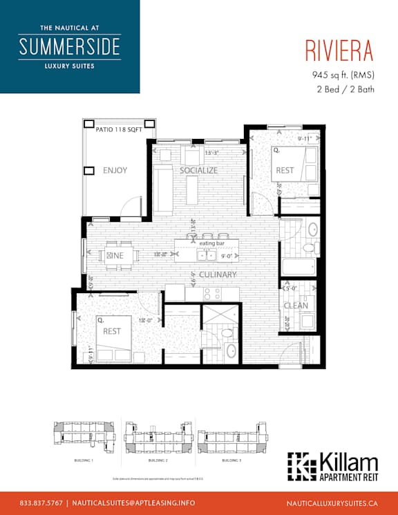 Riviera | 2 Bed + 2 Bath 945 Sq Ft. Floor Plan