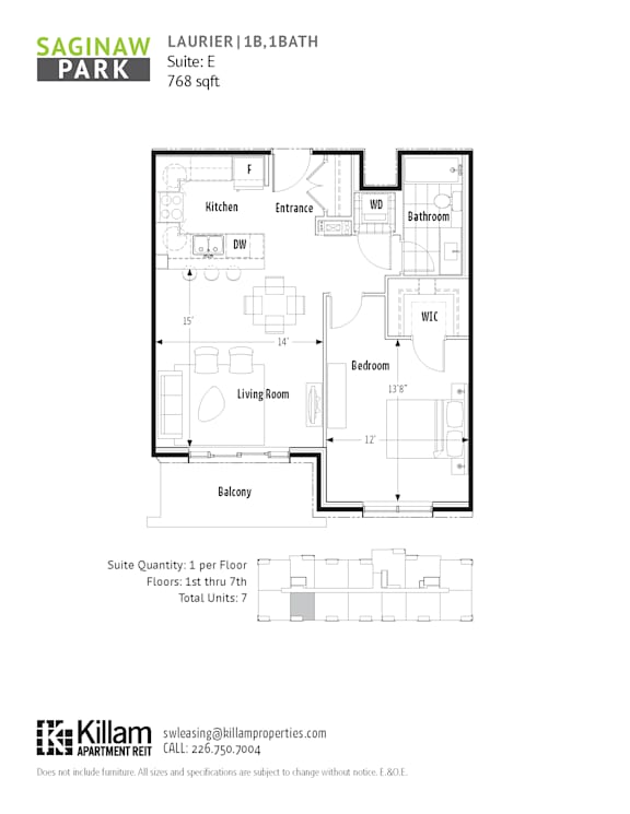 A floor plan for a Saginaw Park apartment shows a kitchen, living room, and bedrooms.