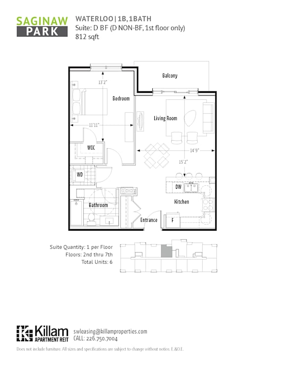 A floor plan for a Saginaw Park apartment shows one bedroom and one bathroom on the first floor.