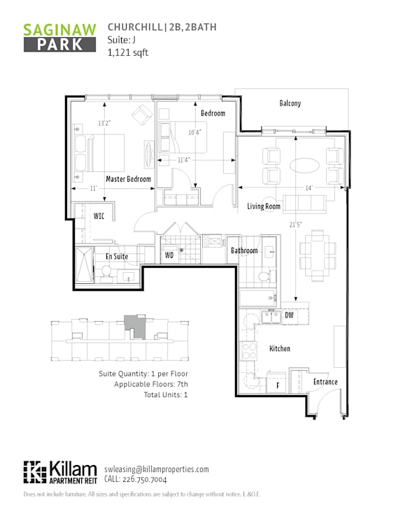 A floor plan for a property at Saginaw Park showing the layout of the bedrooms, bathrooms, living room, kitchen, and dining area.