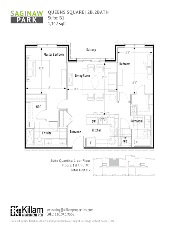 A floor plan for a property at Saginaw Park shows a suite with a master bedroom, living room, and kitchen.