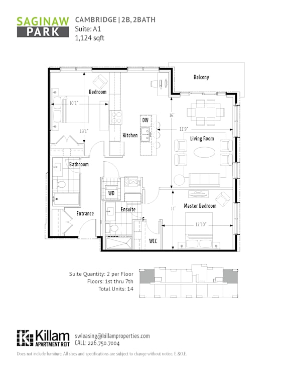 A floor plan for a property at Saginaw Park shows a living room, kitchen, bathroom, and bedrooms.
