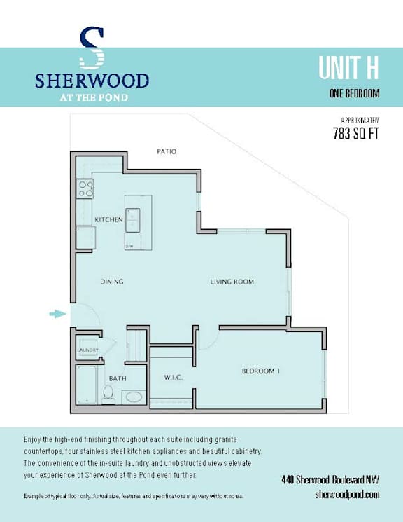 A floor plan for a one bedroom apartment at Sherwood at the Pond.