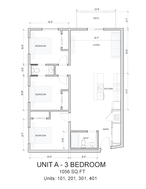 A drawing of a 3 bedroom apartment with a living room, kitchen and bathroom.