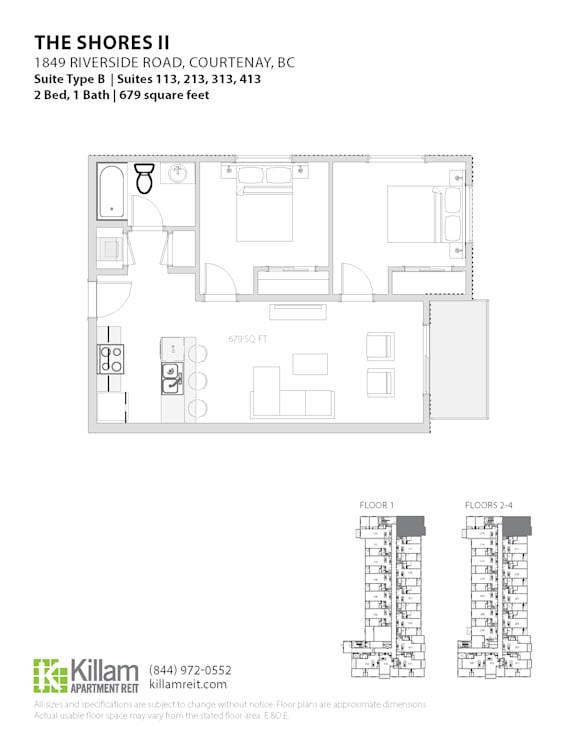 A floor plan for a 2 bedroom, 1 bath apartment at The Shores II.