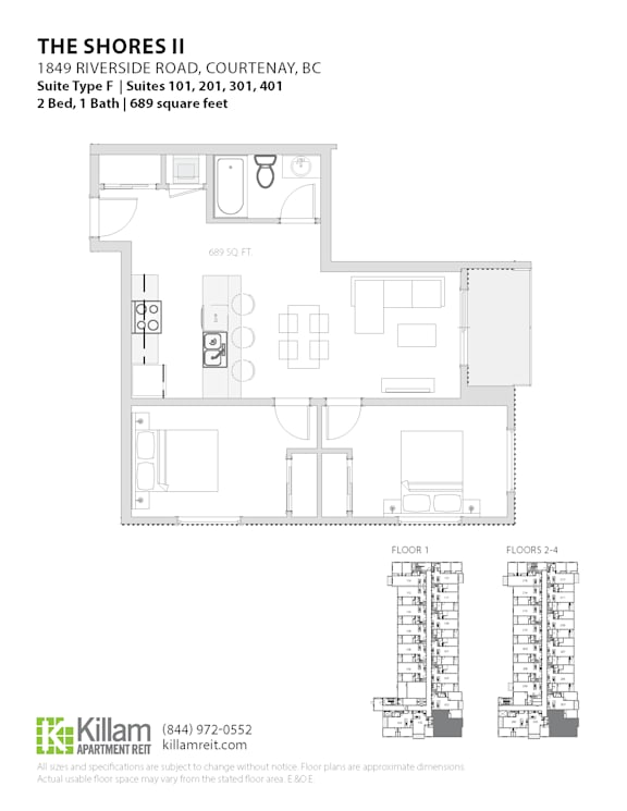 A floor plan for a 2 bedroom, 1 bath apartment at The Shores II.