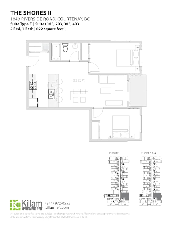 A floor plan for a 2 bedroom, 1 bath apartment at The Shores II.