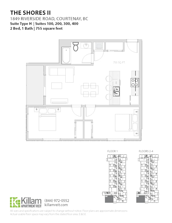 A floor plan for a 2 bedroom, 1 bath apartment at The Shores II.
