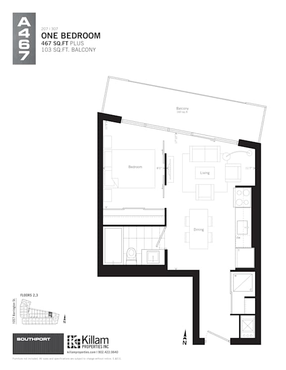 A floor plan for a one bedroom apartment.