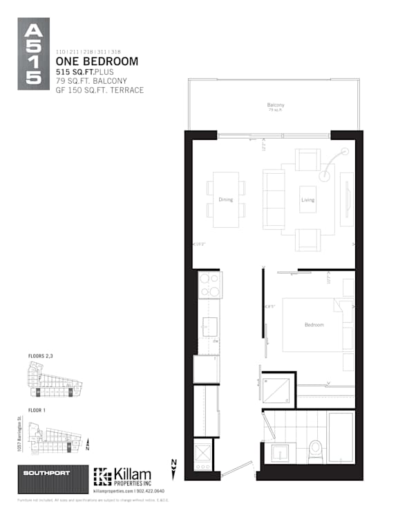 A floor plan for a one bedroom apartment with a balcony and terrace.