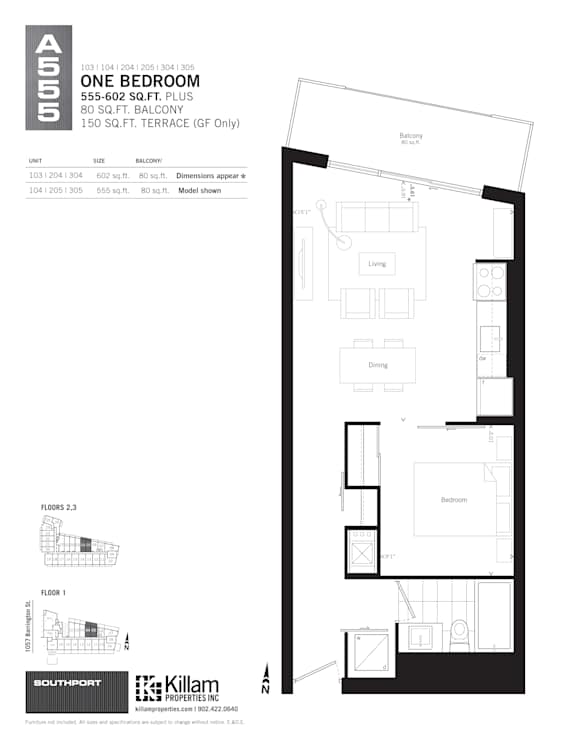 A floor plan for a one bedroom apartment sized at 555-602 sq.ft.