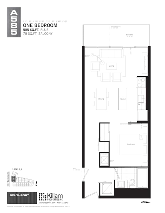 A floor plan for a one bedroom apartment at Killam.