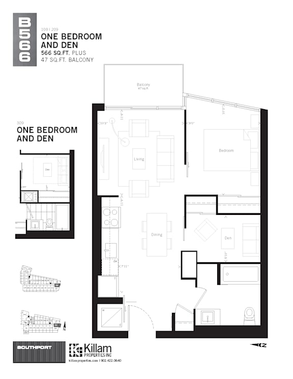 A floor plan for a one bedroom and den apartment sized 566 sq.ft.