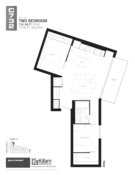 Floor plan of a two bedroom apartment.