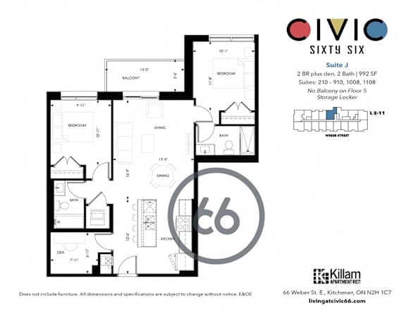 A floor plan for a suite in the OIVIO SIXTY SIX building.