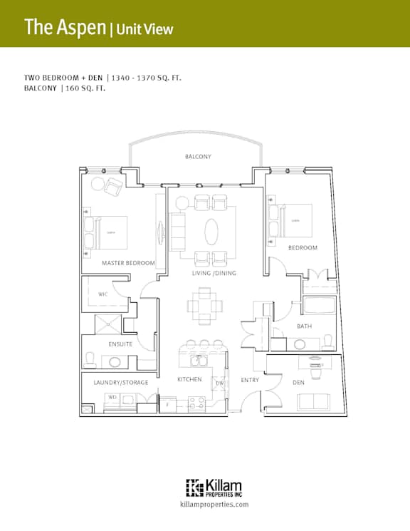 A floor plan for a two bedroom apartment with den and balcony.