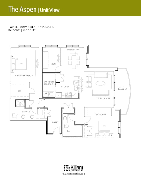 A floor plan for a two bedroom apartment with den and balcony.