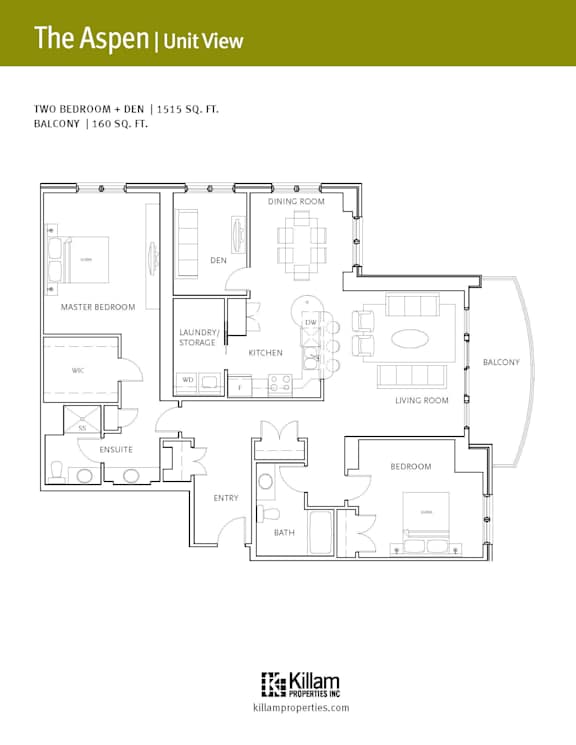 A floor plan for a two bedroom plus den apartment with a balcony.