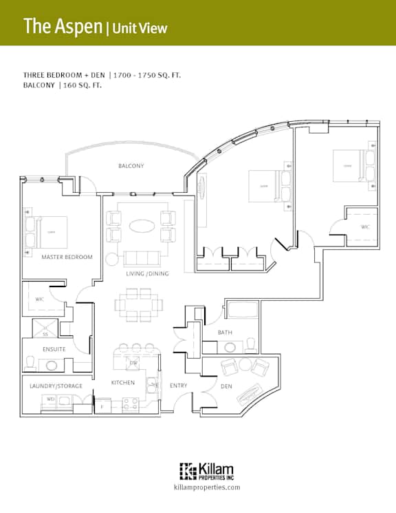 A floor plan for a three bedroom apartment with a den and balcony.
