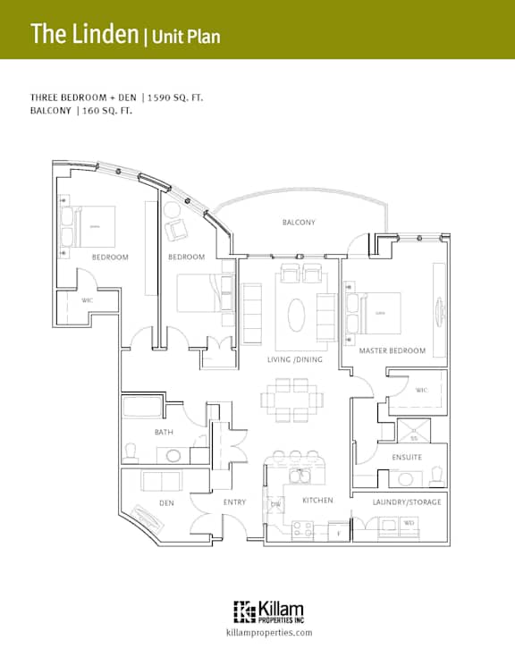 A floor plan for a three bedroom, 160 square foot balcony apartment.