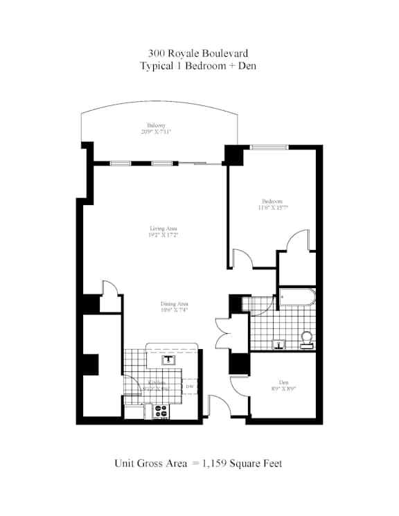 A floor plan of a 1 bedroom apartment with den at 300 Royale Boulevard.