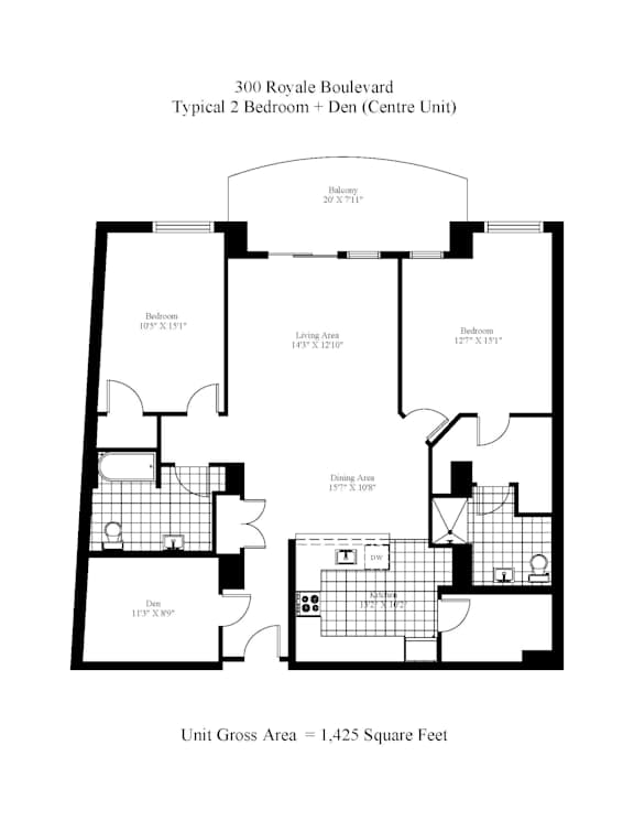 A floor plan of a 2 bedroom apartment with a total area of 1,425 square feet.