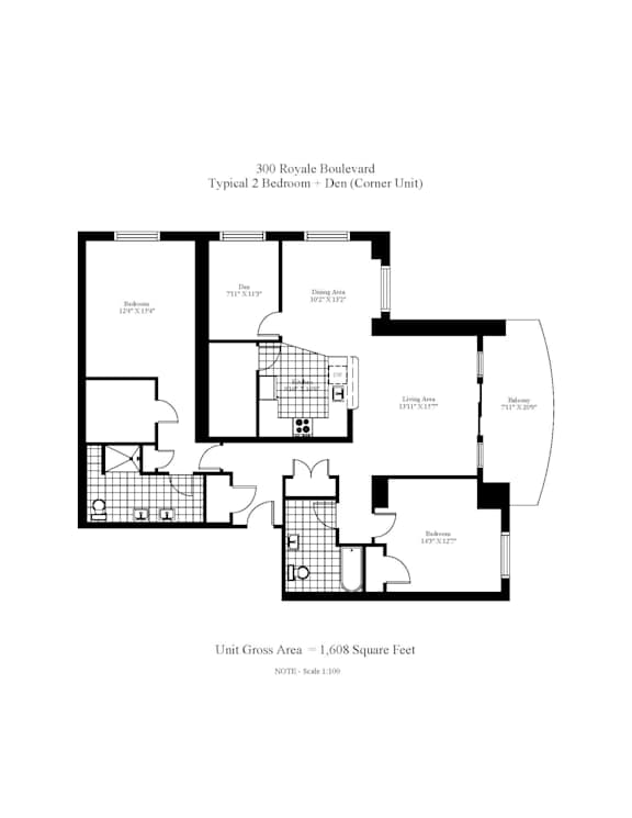 A floor plan for a typical 2 bedroom Den (Corner Unit) at 300 Rovale Boulevard, showing the layout of the rooms and their dimensions.