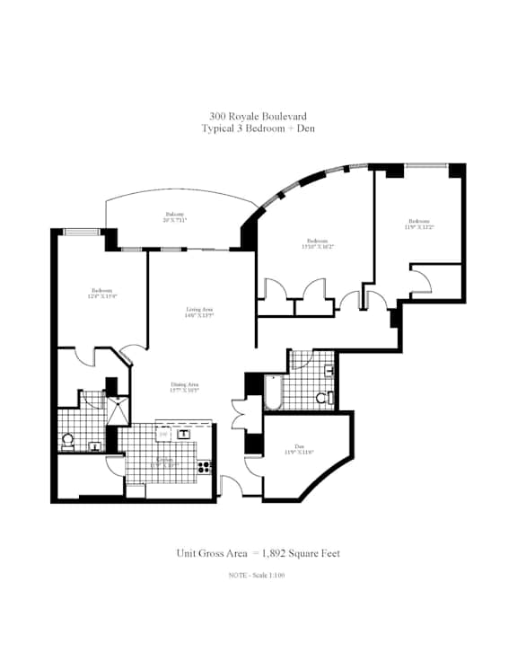 A floor plan for a 3 bedroom, 3 bathroom apartment.