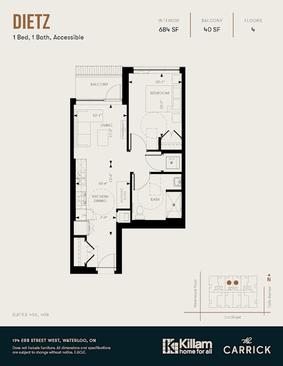 A floor plan for a 1 bedroom, 1 bathroom, accessible apartment.