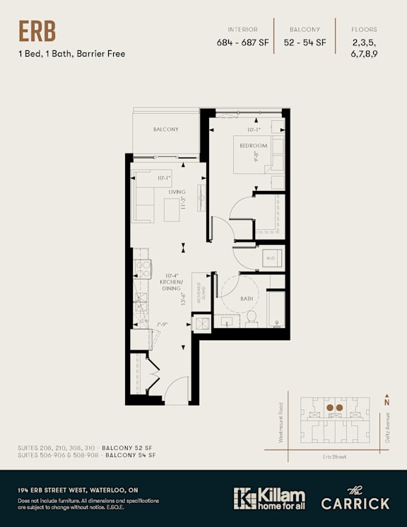 A floor plan for a 1 Bedroom, 1 Bathroom, Barrier Free apartment.