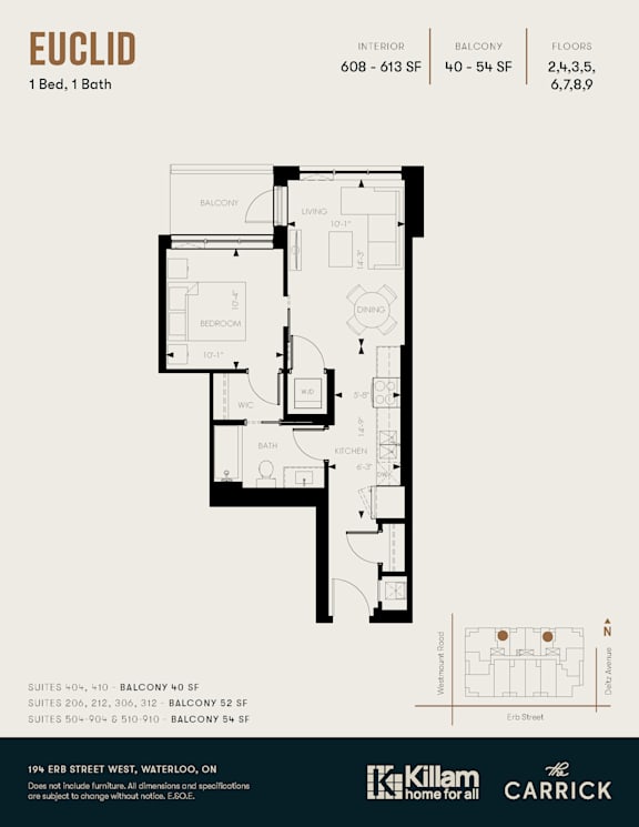 A floor plan for a one bedroom, one bath apartment.