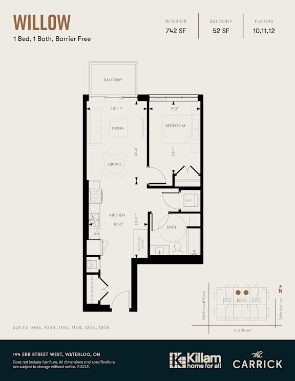 A floor plan for a 1 Bed, 1 Bath, Barrier Free apartment.