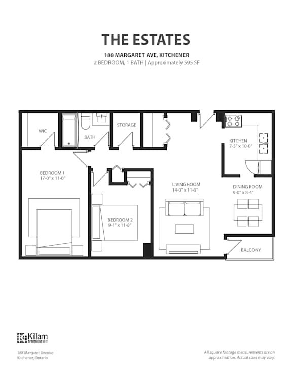 The Estates 2 BEDROOM, 1 BATH | Approximately 595 SF Floor Plan