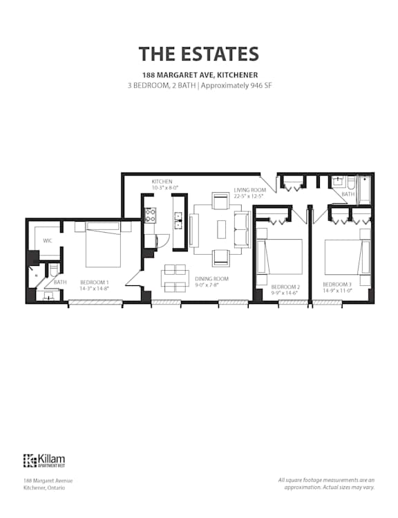 The Estates 3 BEDROOM, 2 BATH | Approximately 946 SF Floor Plan