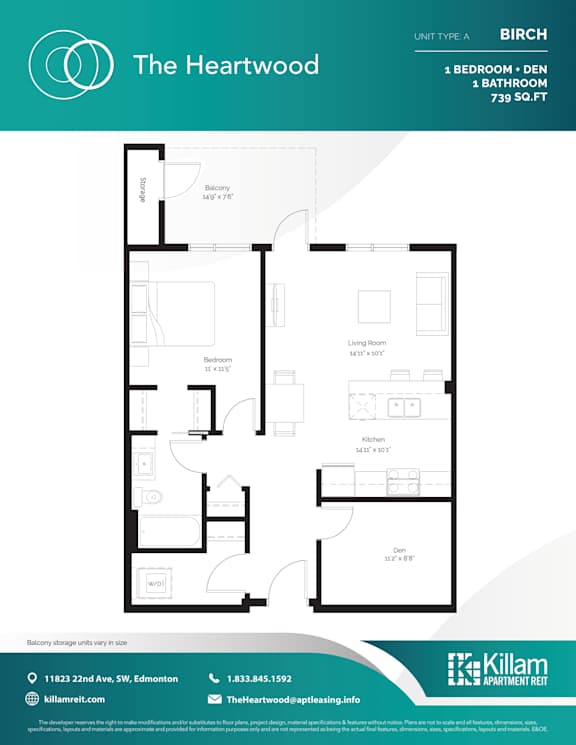 Birch Unit Type A1 - 1 Bedroom + Den - 739 SQ FT