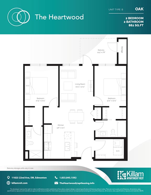 OAK Unit Type B - 2 Bedroom + 2 Bath - 882 SQ FT