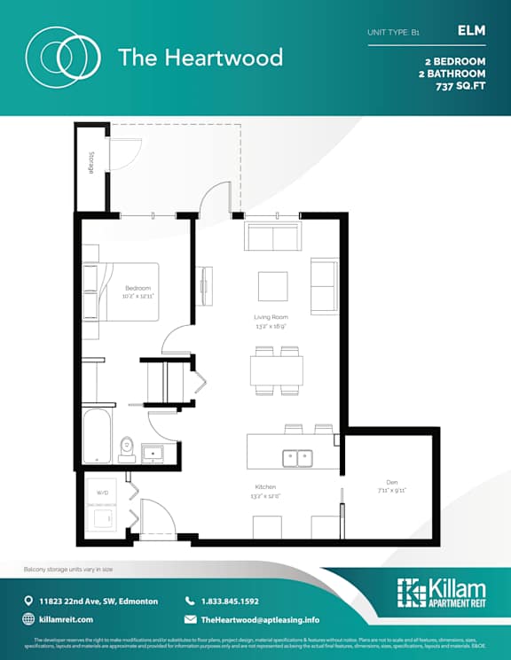 Elm Unit Type B1 - 2 Bedroom + 2 Bath - 737 SQ FT