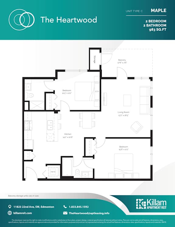 Maple Unit Type C - 2 Bedroom + 2 Bath - 983 SQ FT