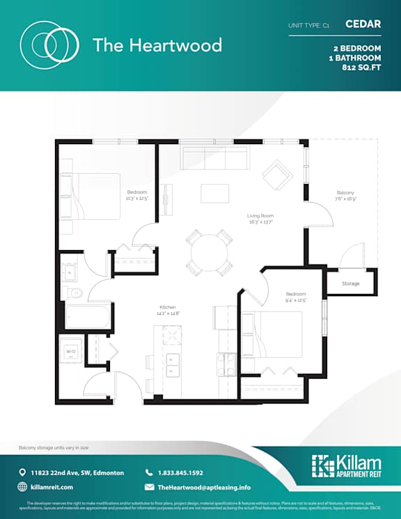 Cedar Unit Type C1 - 2 Bedroom + 1 Bath - 812 SQ FT