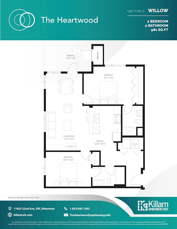 Willow Unit Type D - 2 Bedroom + 2 Bath - 981 SQ FT