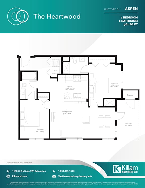 Aspen Unit Type D1 - 2 Bedroom + 2 Bath - 961 SQ FT