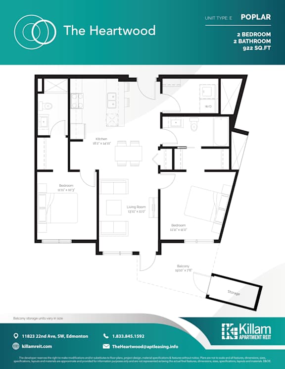 Poplar Unit Type E - 2 Bedroom + 2 Bath - 922 SQ FT