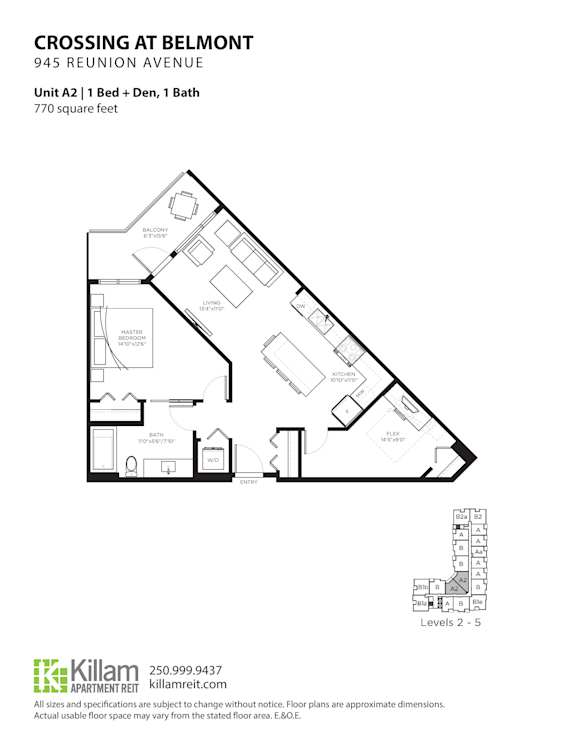 Crossing At Belmont Unit A2  1 Bedroom + Den + 1 Bath Floor Plan