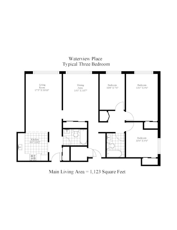 A black and white diagram of a three bedroom apartment.