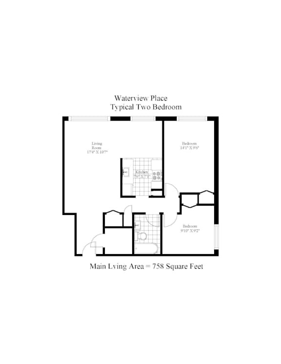 A floor plan of a two bedroom apartment with a living room, kitchen and bathroom.