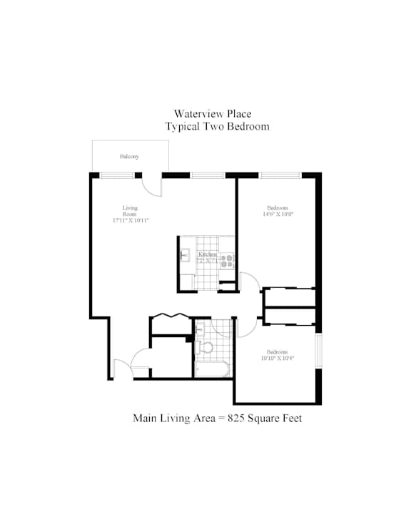 A black and white image of a floor plan for a two bedroom apartment.
