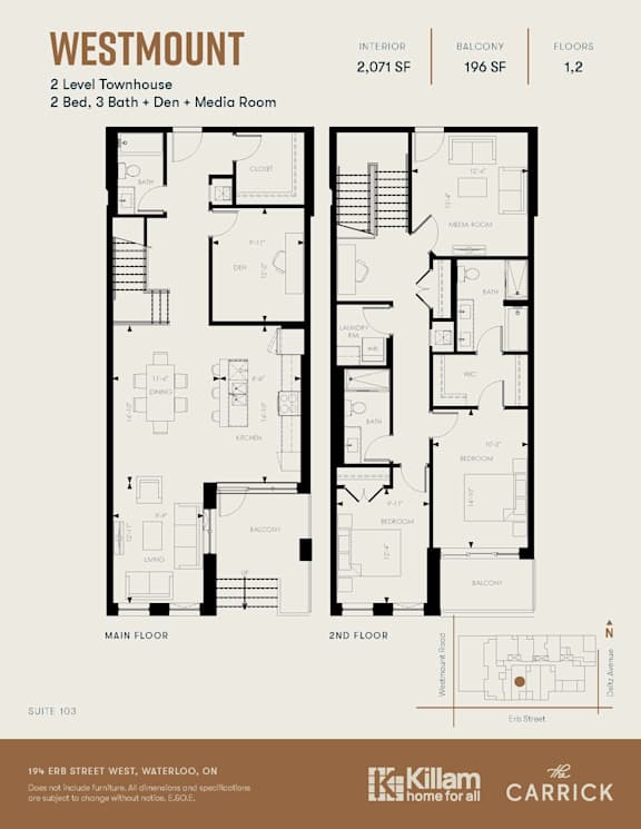 westmount 2 Level Townhouse 2 Bed, 3 Bath + Den + Media Room