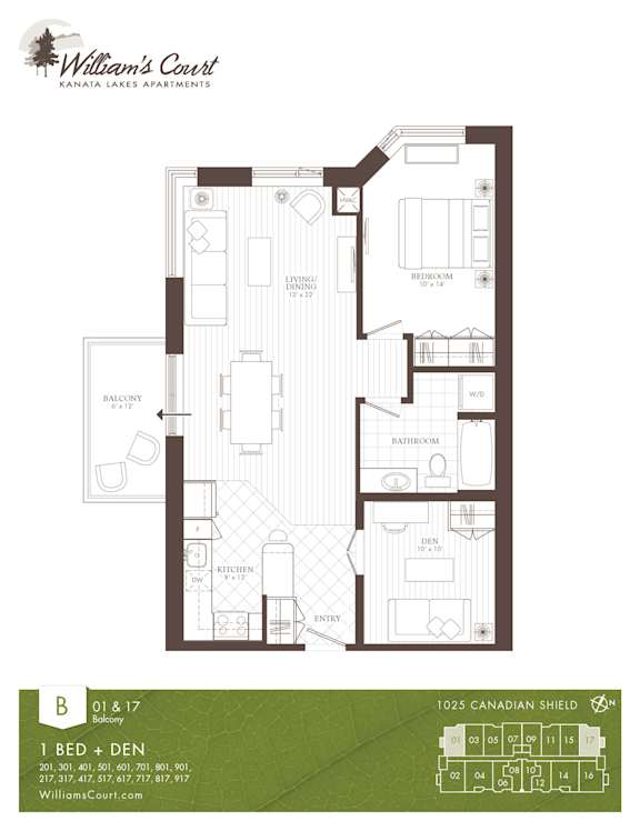 A floor plan for William's Court Canada Lakes Apartments showing a 1 bedroom + den apartment with a kitchen, living room, and bathroom.
